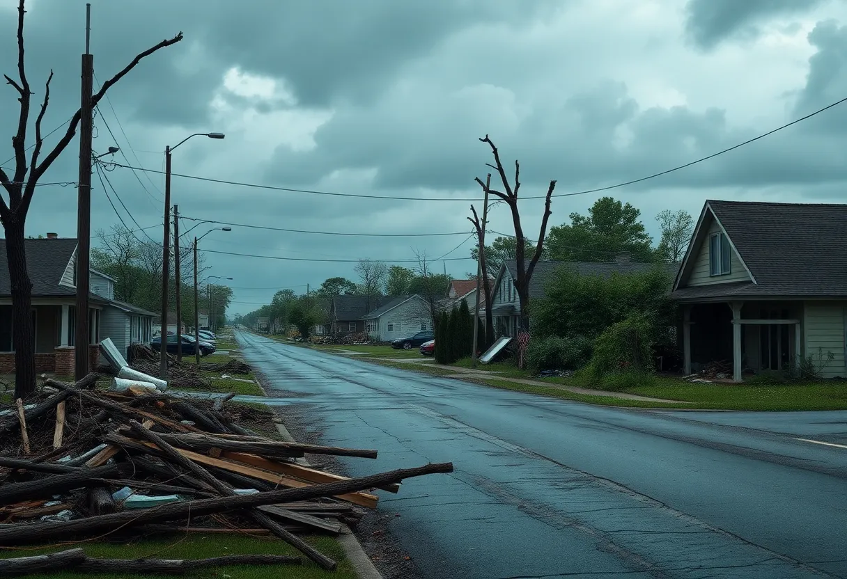 Aftermath of an EF1 tornado showing damaged buildings and downed trees in Langley