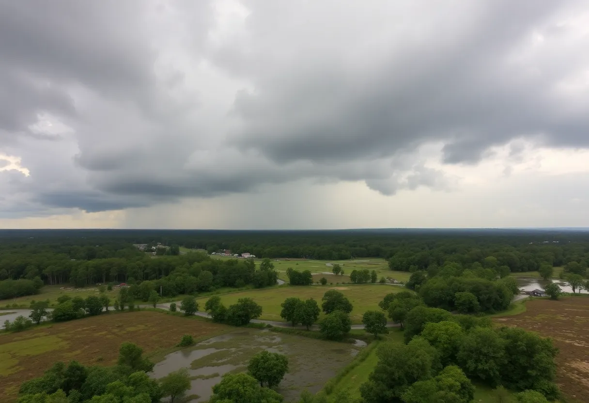 Aiken County demonstrating potential flooding areas with dark clouds