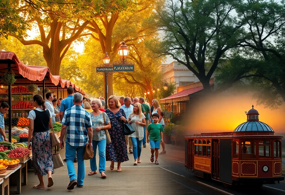 Families at a farmers market, couple hiking in wooded trail, historic trolley and planetarium silhouette in Aiken