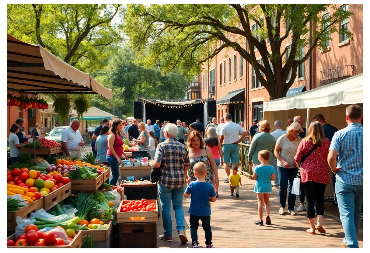 Families and vendors at a lively Aiken outdoor farmers market and community event