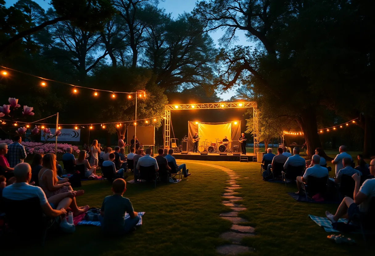 Evening outdoor concert at Hopelands Gardens with audience on blankets and nearby wooded walking trail