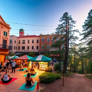 Outdoor concert with string lights, farmers market stalls, yoga in a formal garden, and a wooded trailhead representing free events in Aiken