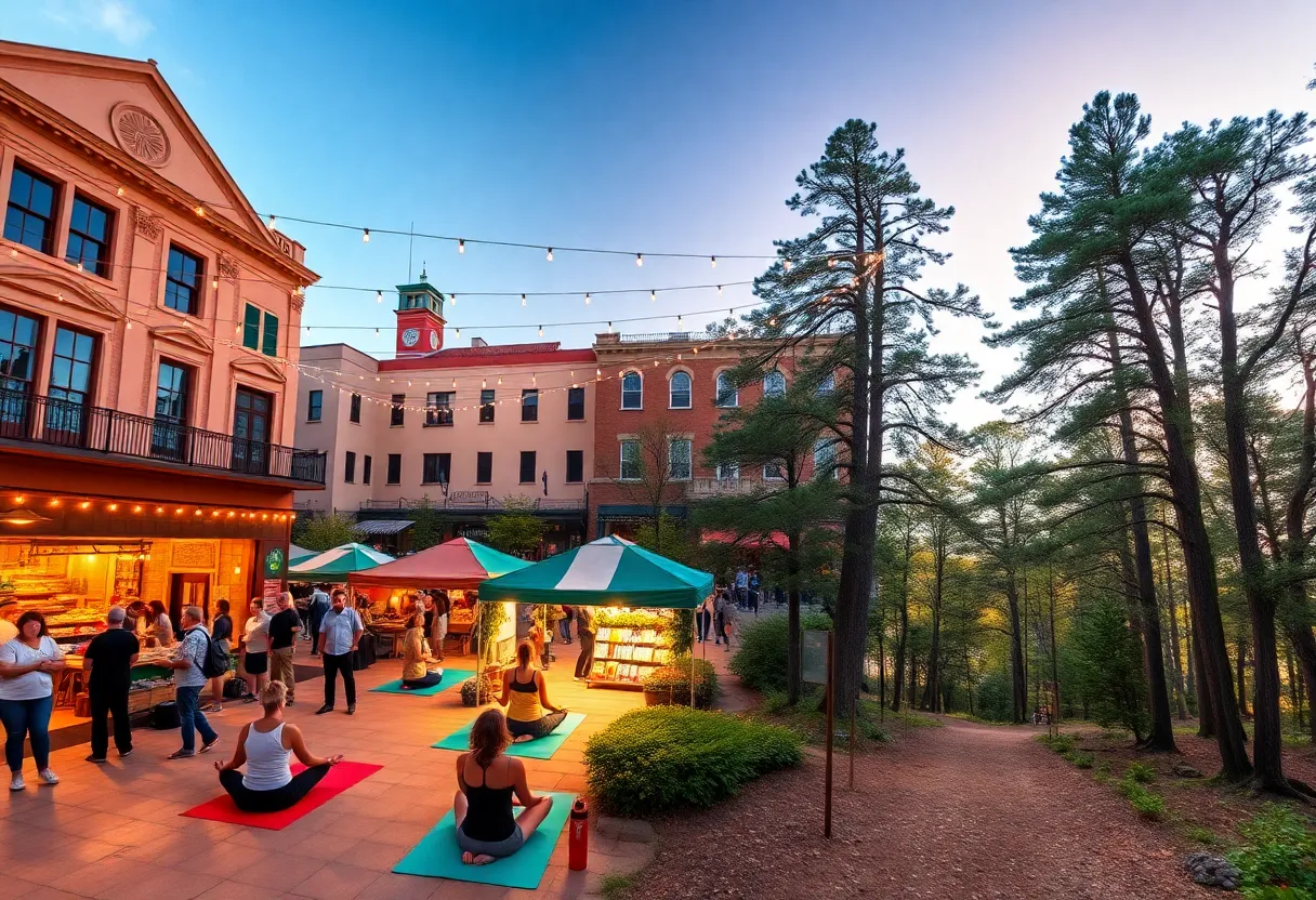 Outdoor concert with string lights, farmers market stalls, yoga in a formal garden, and a wooded trailhead representing free events in Aiken