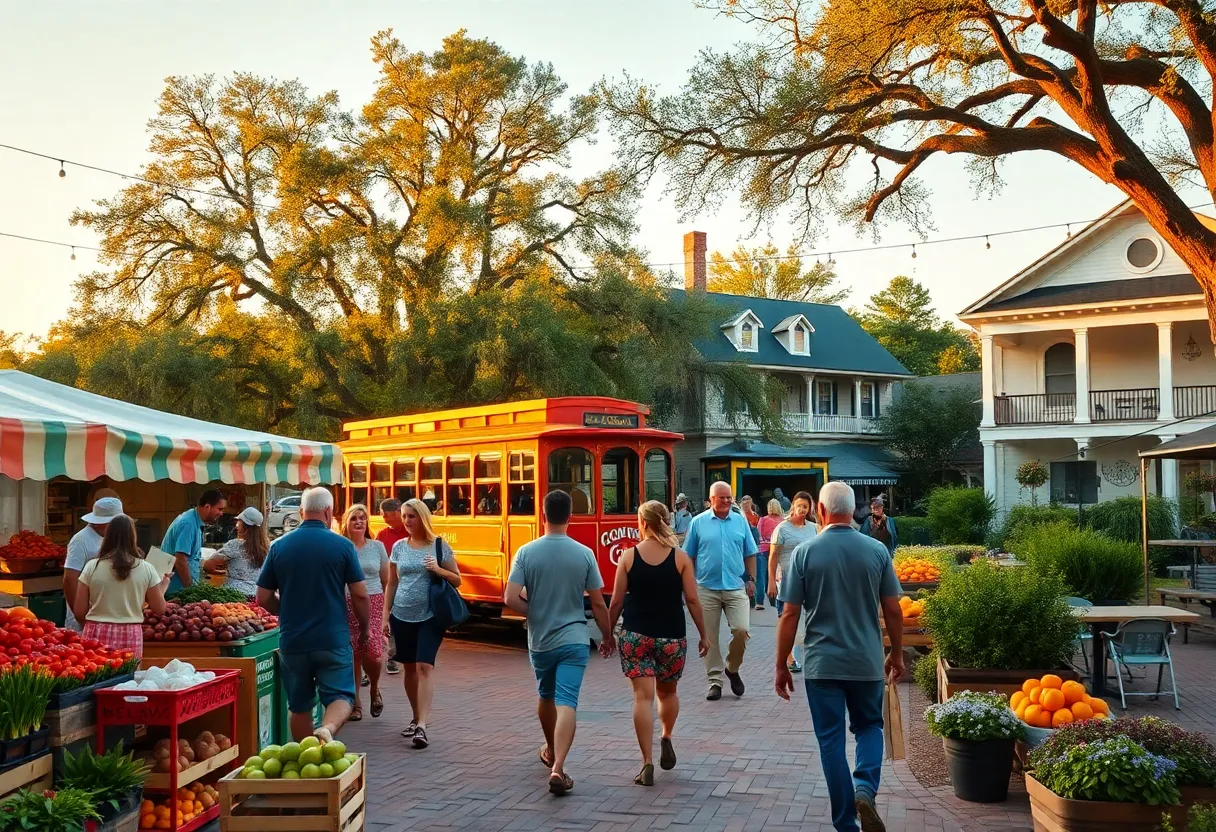 Farmers market and community gathering in downtown Aiken with a historic trolley and live musicians