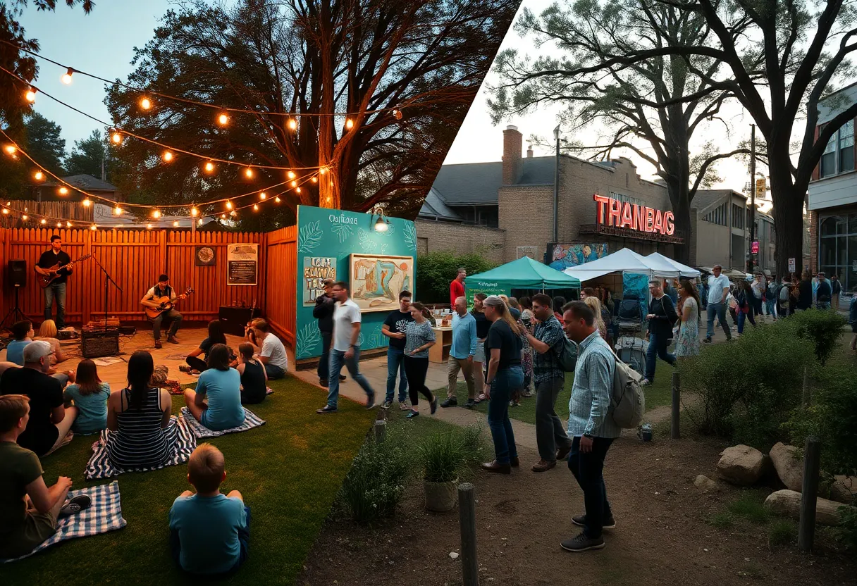 Park scene with birdwatchers, garden yoga, vintage trolley and small outdoor festival in Aiken