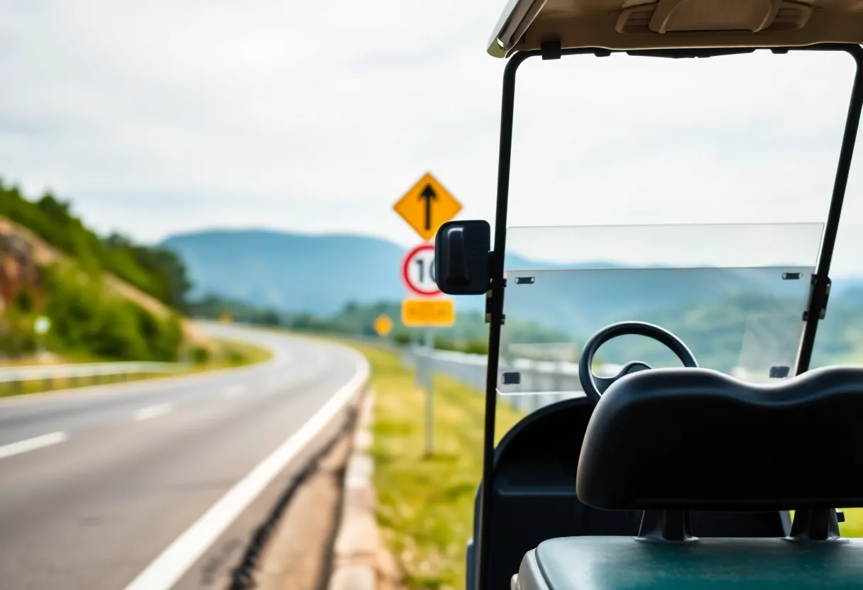 Golf cart parked beside a public highway