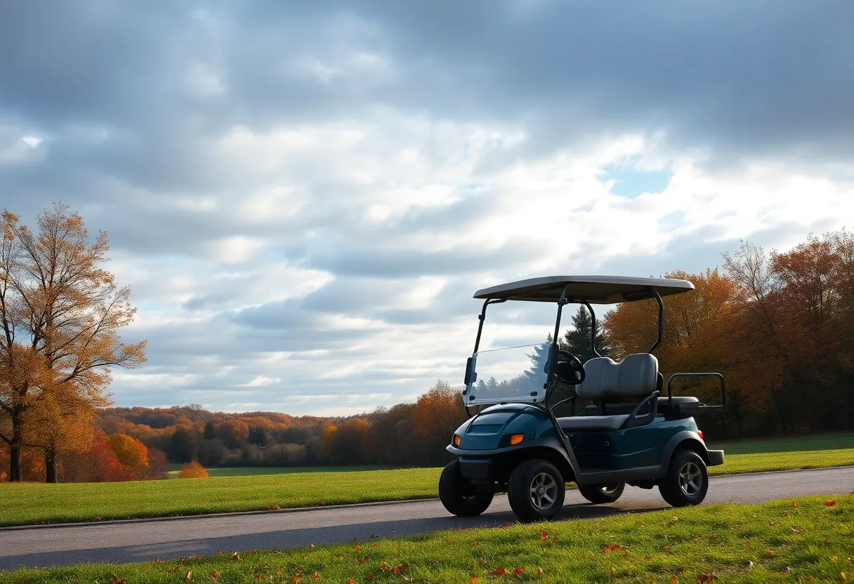 An empty golf cart in a park setting under cloudy skies