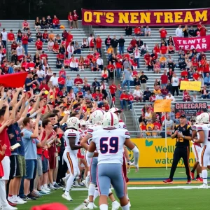 High school football players in action during a game