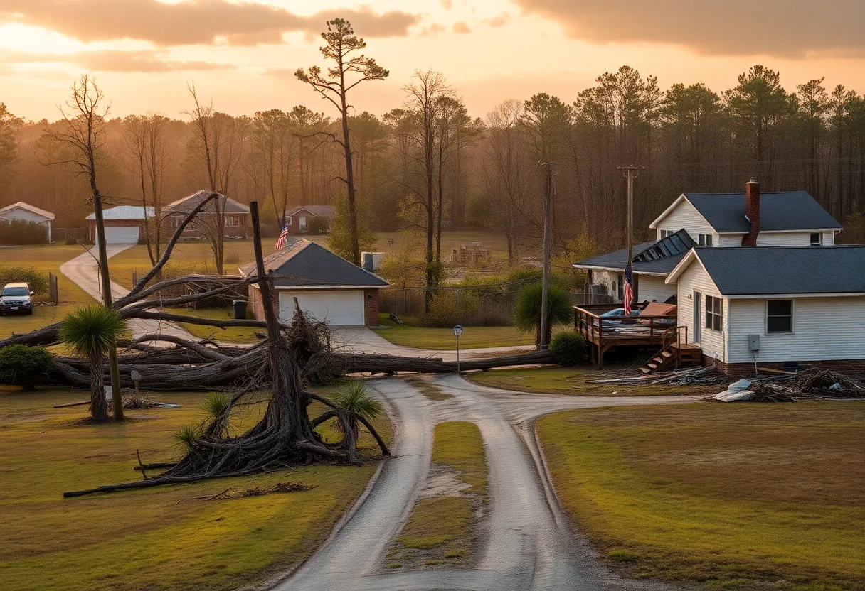Destruction caused by a tornado in Langley, South Carolina, including uprooted trees and damaged buildings.