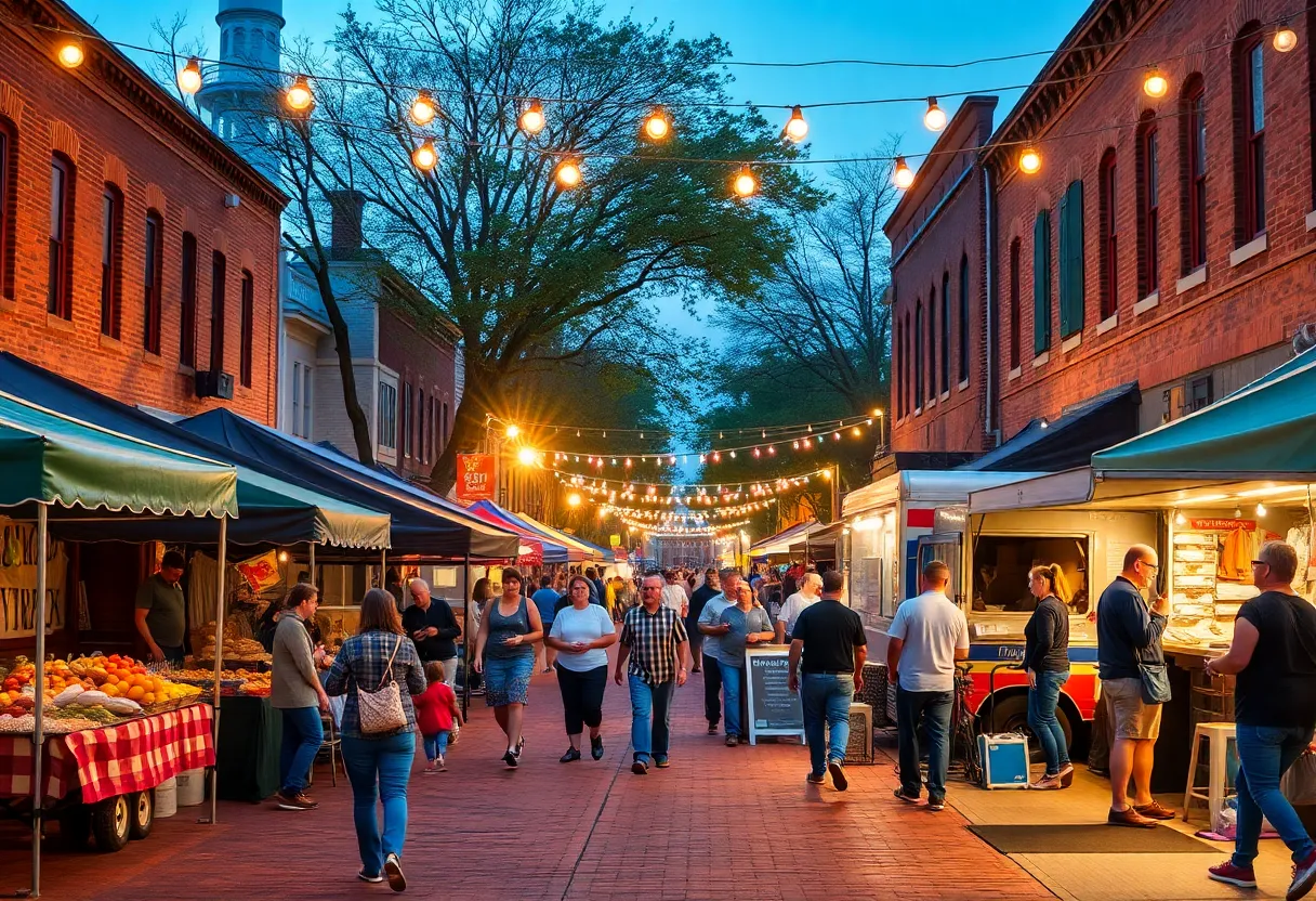 Twilight view of Laurens Street filled with market stalls, food trucks, a brass band performing, and families strolling under string lights.