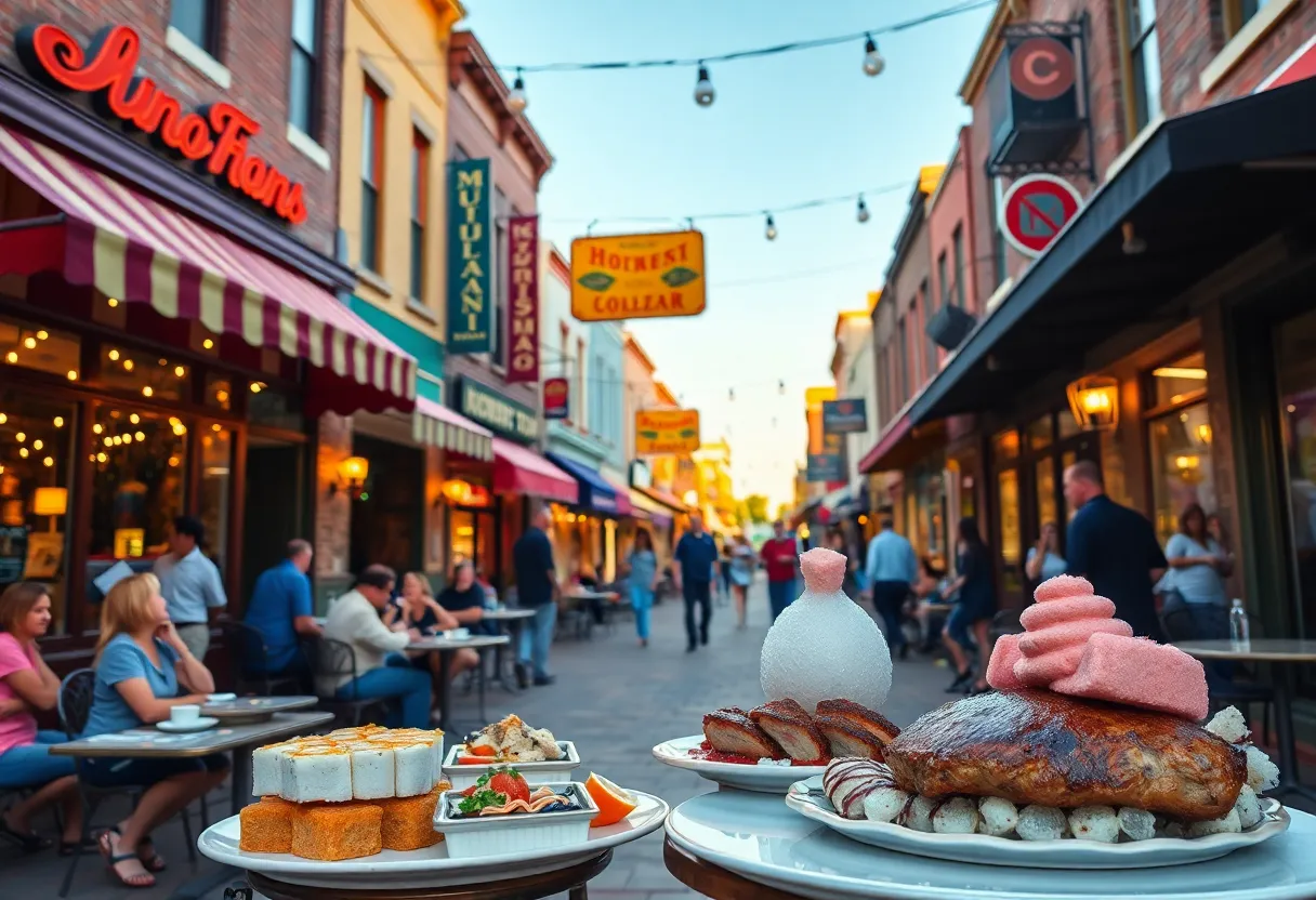 Laurens Street Aiken with outdoor dining, colorful restaurant storefronts and people enjoying a food crawl
