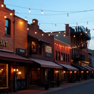 Laurens Street storefronts with warm lights and outdoor seating at dusk