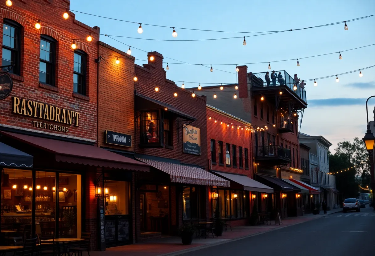 Laurens Street storefronts with warm lights and outdoor seating at dusk