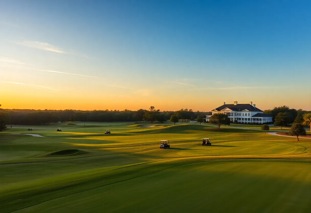 Golfers and carts on a manicured fairway at a tournament course in Aiken, South Carolina