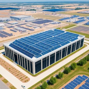 Aerial view of Meta data center under construction in Aiken County with solar panels