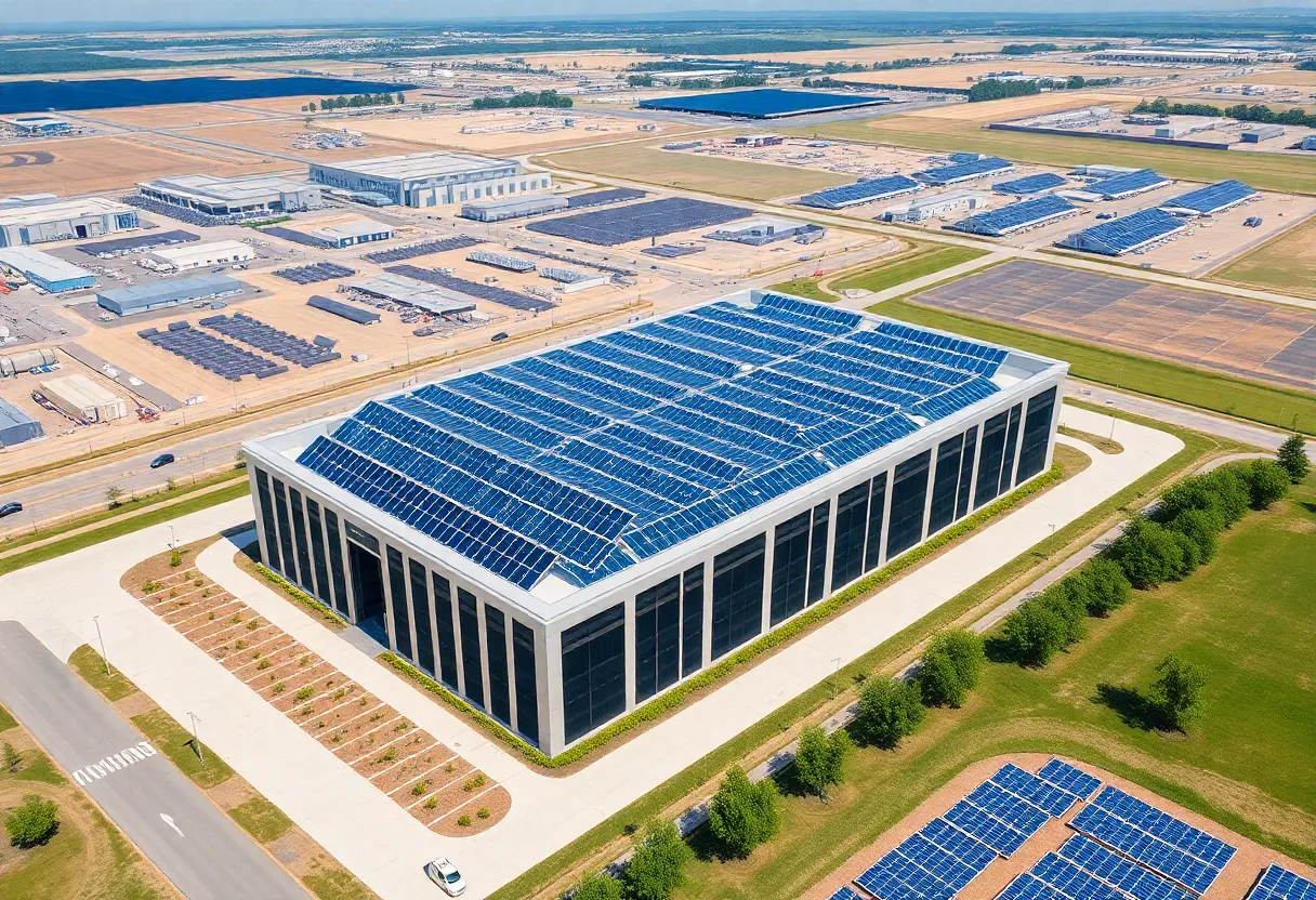 Aerial view of Meta data center under construction in Aiken County with solar panels