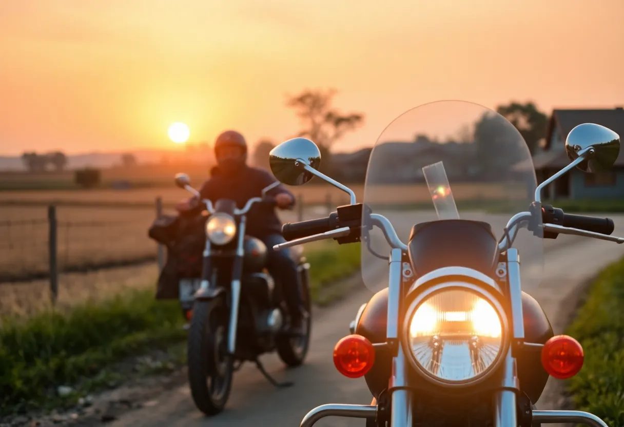 Memorial scene for a motorcyclist in Aiken County with sunset