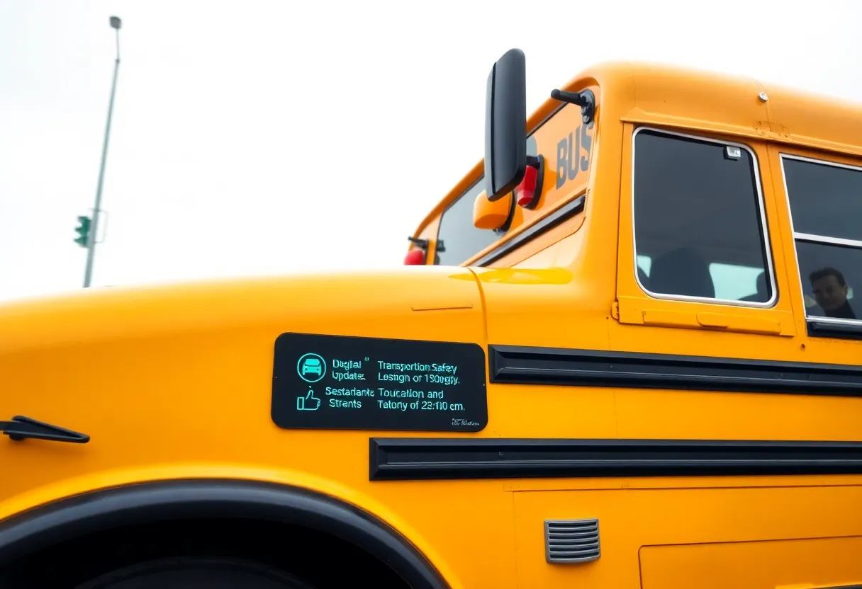 A graphic showing the My Ride K-12 app interface with a school bus in the background.