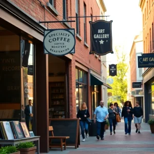 Downtown Aiken street with new storefronts, boutique hotel and mixed-use building under construction
