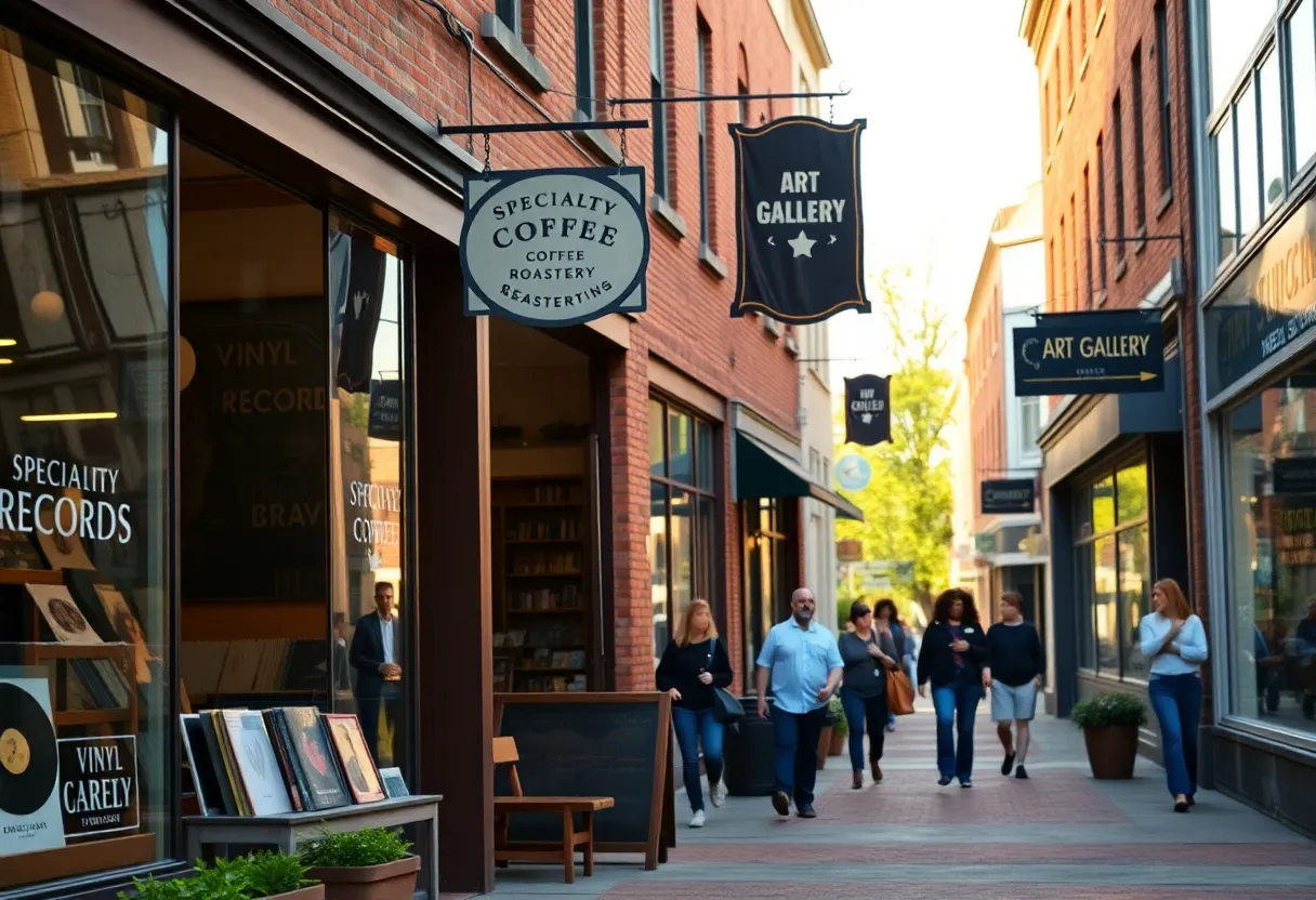 Downtown Aiken street with new coffee roastery, vinyl record shop and gallery storefronts