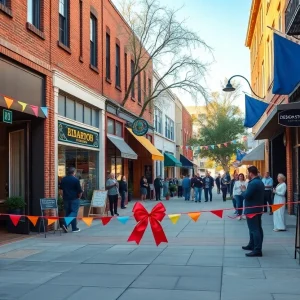 Row of diverse small business storefronts in downtown Aiken with customers and greenery