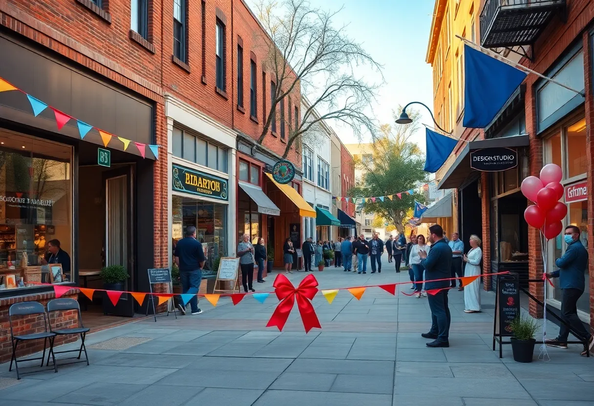 Row of diverse small business storefronts in downtown Aiken with customers and greenery