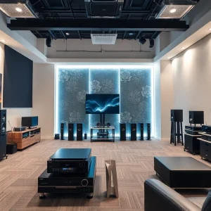Interior view of the new audio/video showroom in Aiken showcasing high-performance audio equipment.