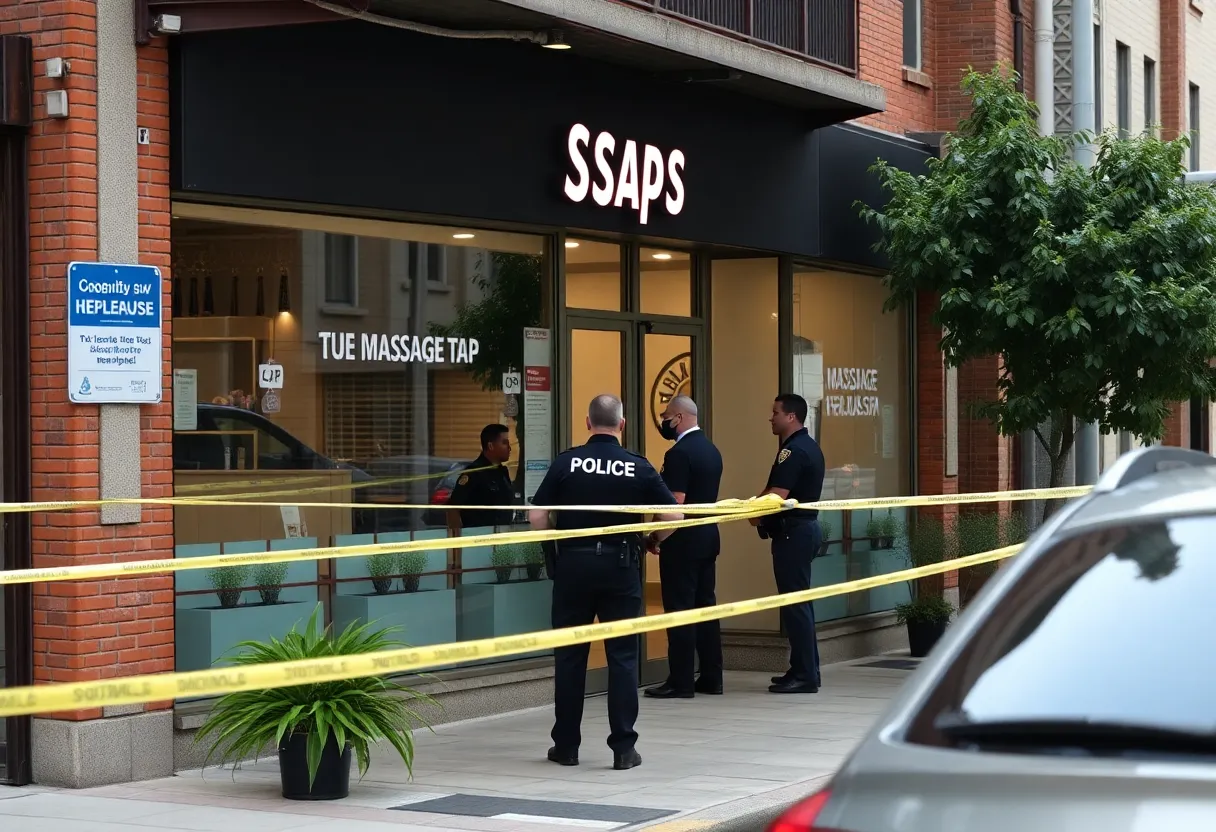 Law enforcement in front of a massage spa during an investigation