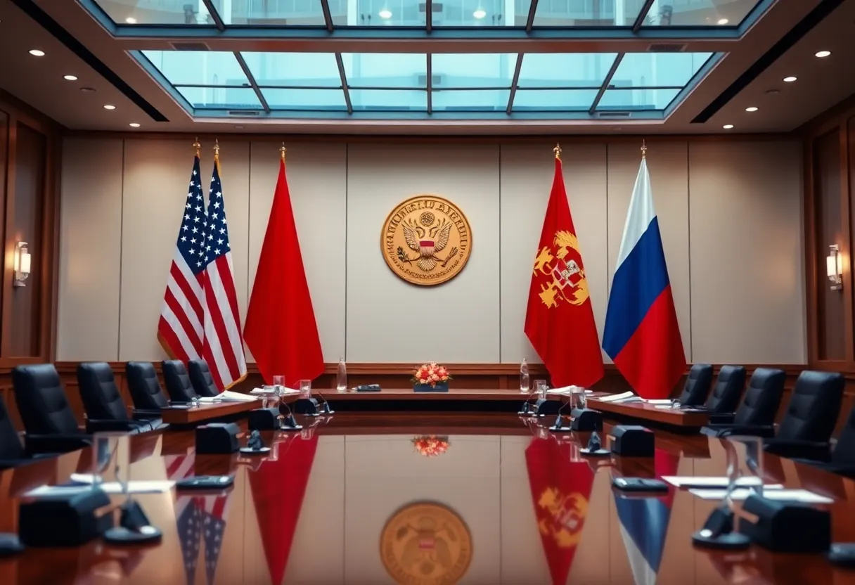 Diplomatic meeting room with U.S. and Russian flags showing nuclear arms control discussions