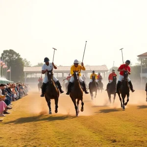 Spectators watching a polo match at a historic Aiken field with horses and players in action