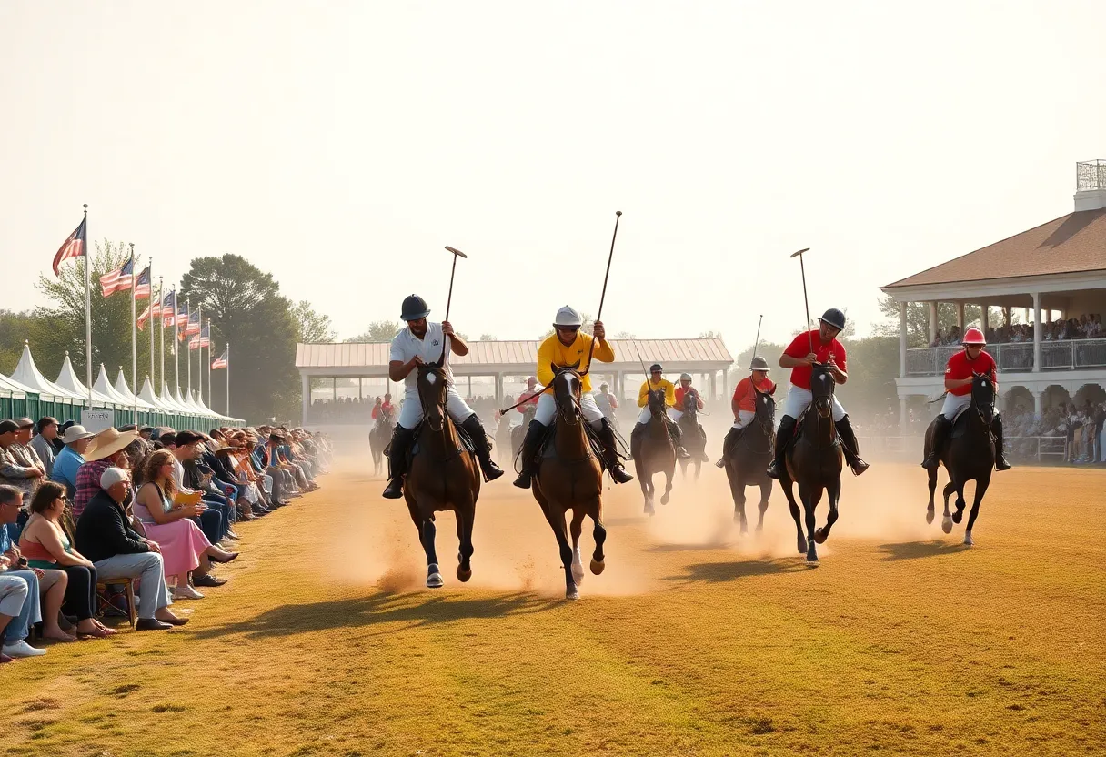 Spectators watching a polo match at a historic Aiken field with horses and players in action