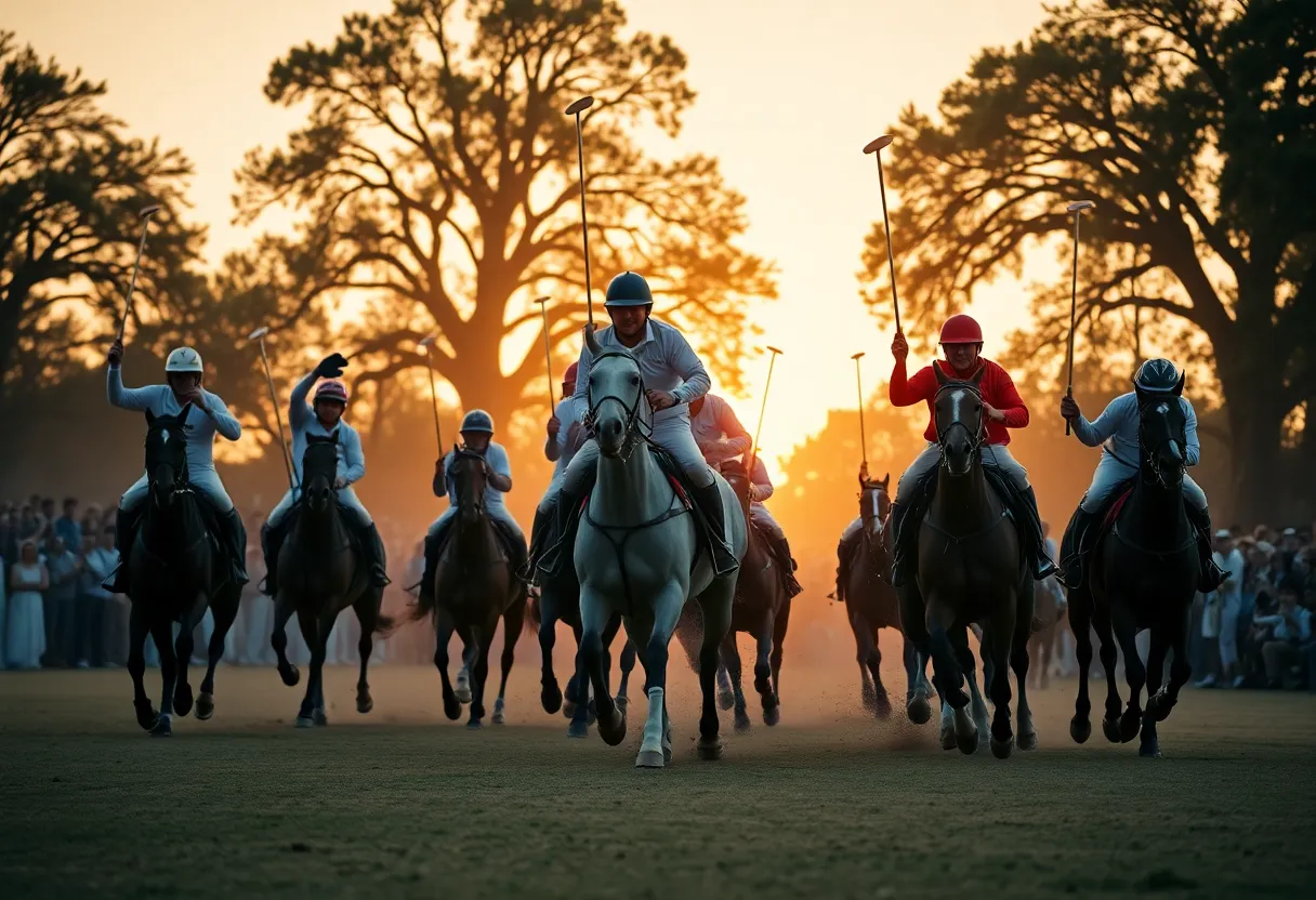 Horses and riders in action during a polo match in Aiken, South Carolina