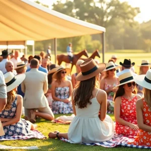 Spectators in sundresses, blazers, khakis and wide-brimmed hats at an Aiken polo match