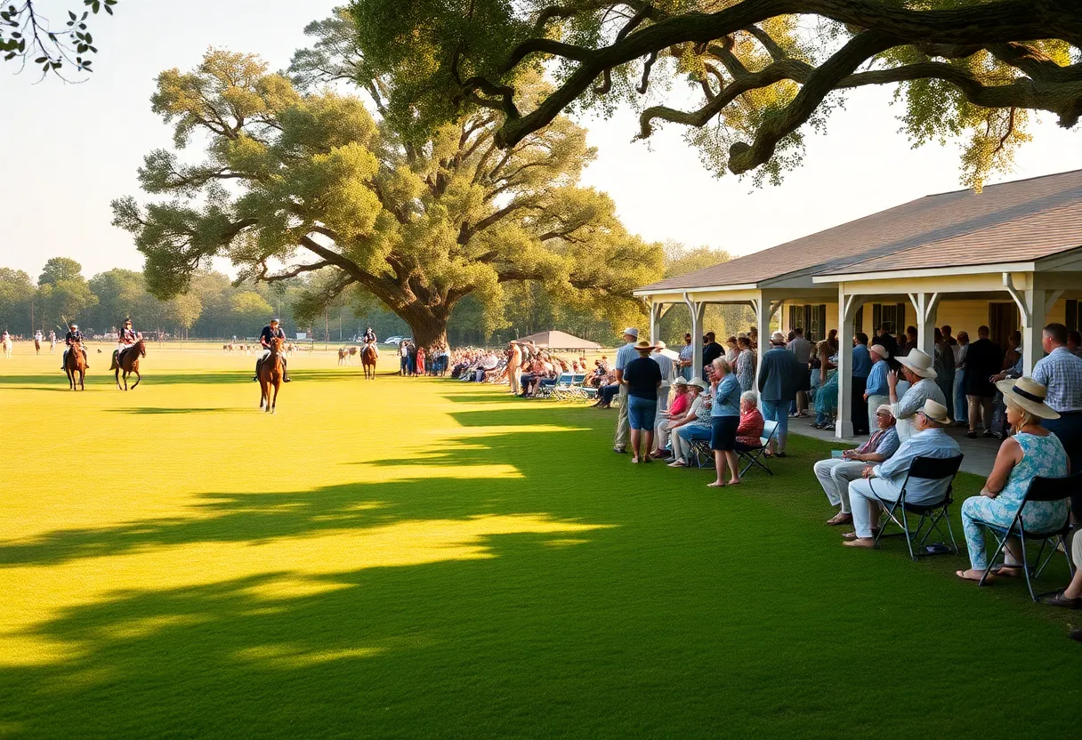 Spectators in summer attire and players on horseback at a polo match in Aiken, South Carolina