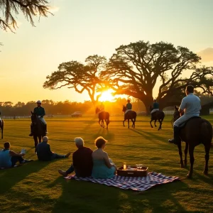 Couple picnicking near Whitney Field watching polo horses at sunset in Aiken