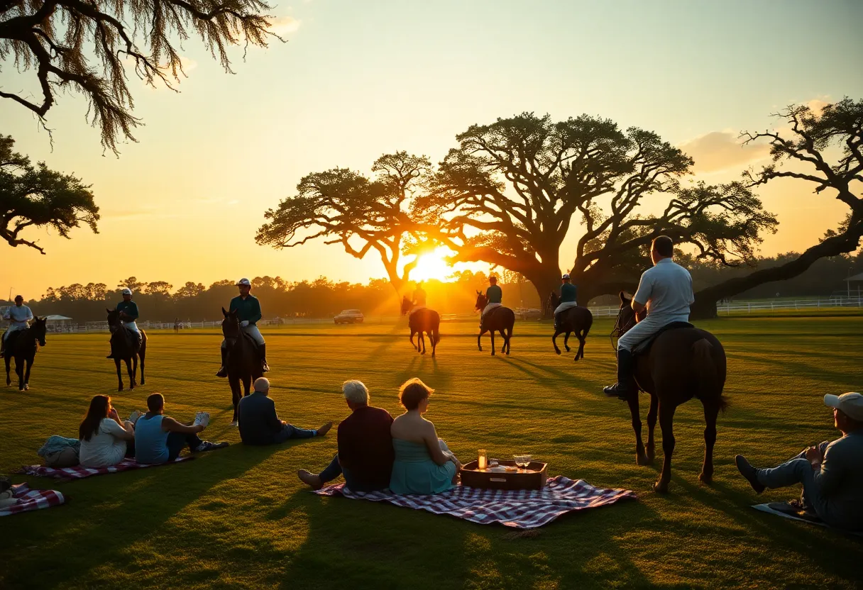 Couple picnicking near Whitney Field watching polo horses at sunset in Aiken
