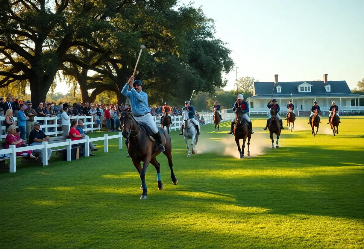 Polo players and horses in action on Whitney Field with spectators and clubhouse