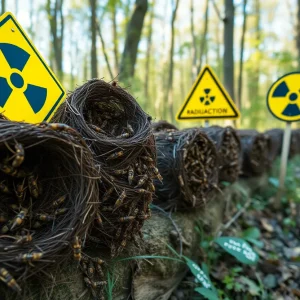 Close-up photo of radioactive wasp nests in a wooded area with caution signs.