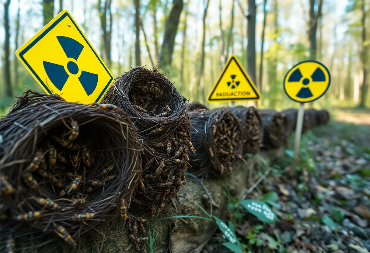 Close-up photo of radioactive wasp nests in a wooded area with caution signs.