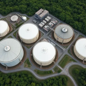 Aerial view of Savannah River Site with nuclear waste tanks
