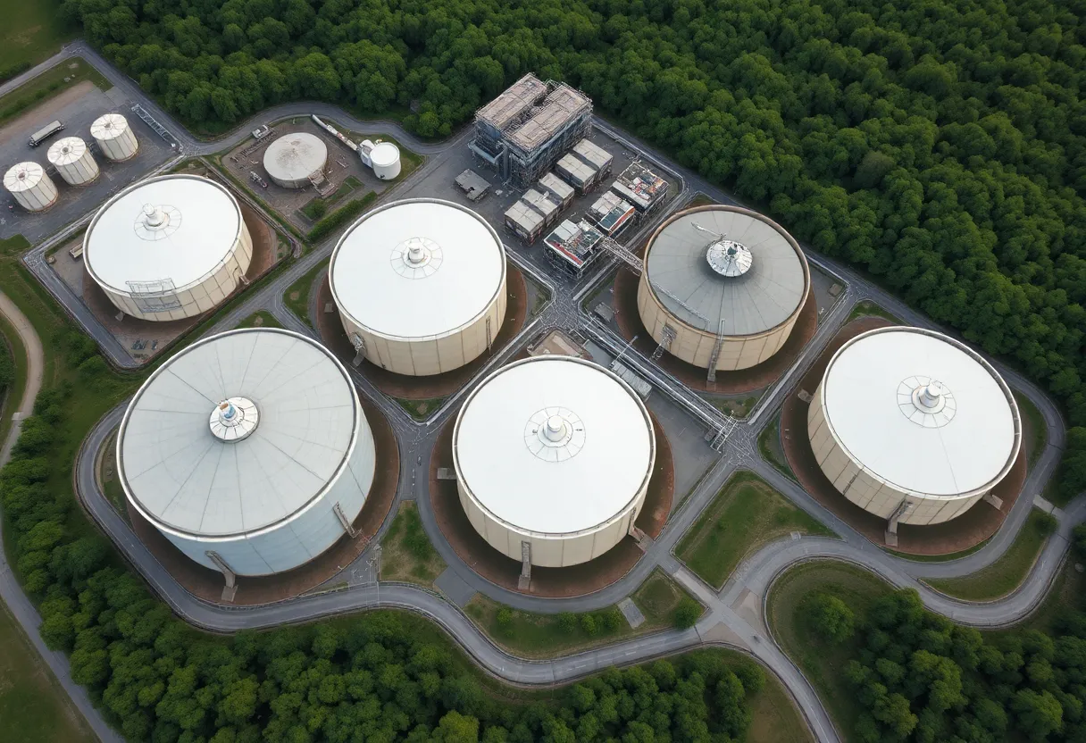 Aerial view of Savannah River Site with nuclear waste tanks
