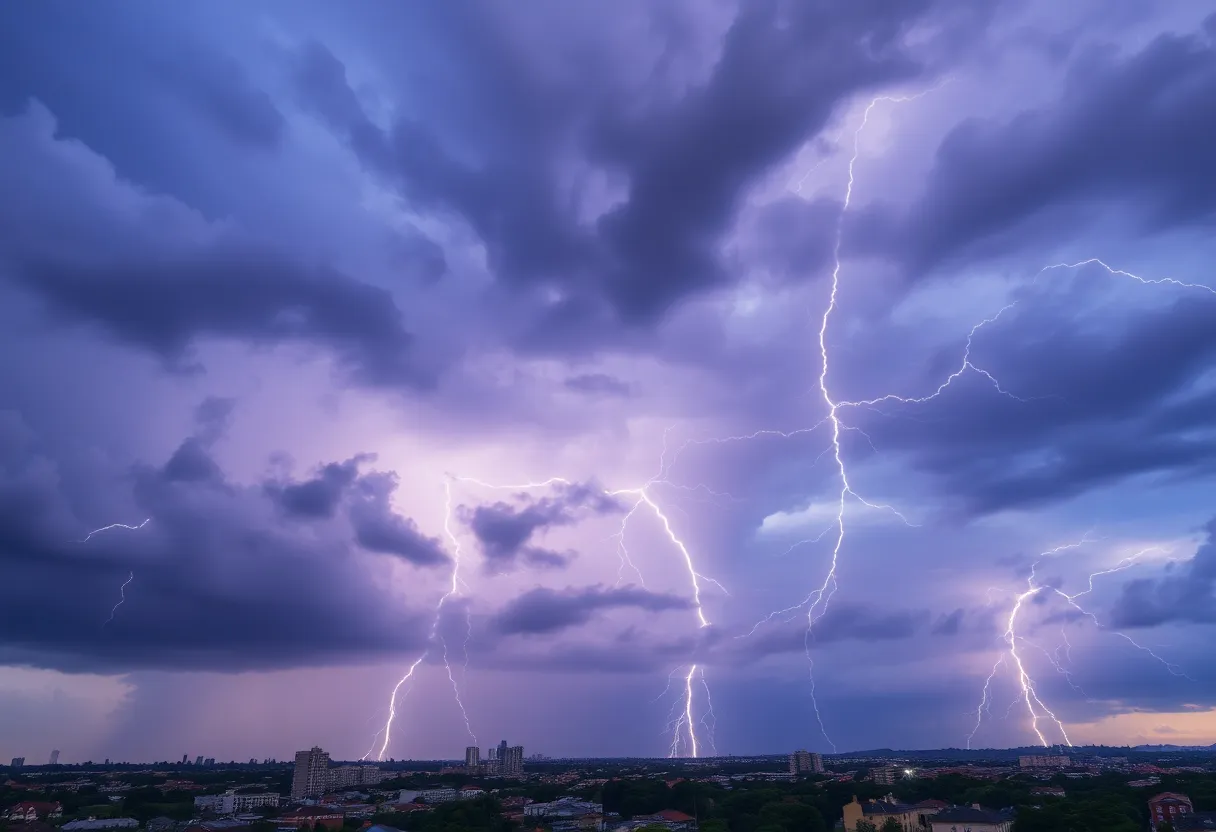 Dark storm clouds gathering over Aiken, SC with lightning
