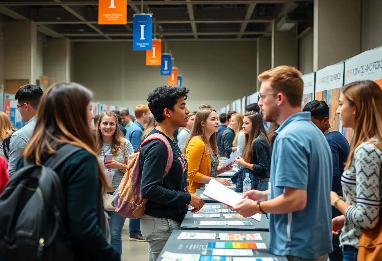 High school students interacting with university representatives during College Application Month