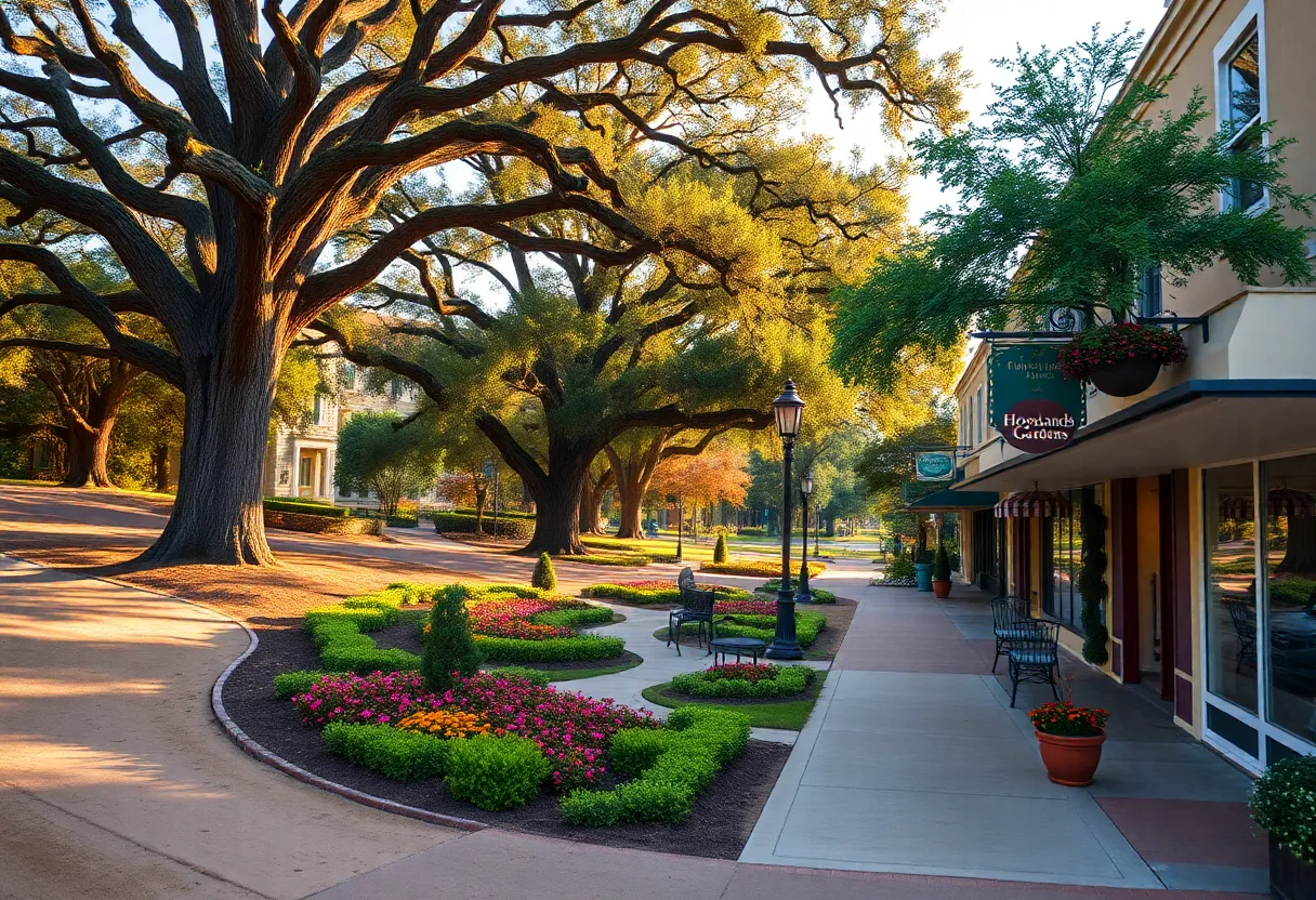 Panoramic view of Hitchcock Woods trail, Hopelands Gardens, and downtown Aiken storefronts