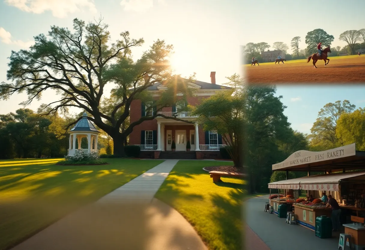 Collage of Aiken landmarks: historic mansion, Hopelands Gardens, Hitchcock Woods tree aisle, oak-lined avenue and an equestrian field