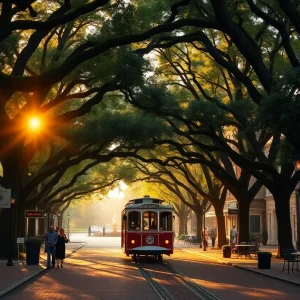Live oak–lined street in downtown Aiken with a vintage trolley, brick storefronts, and warm golden-hour light