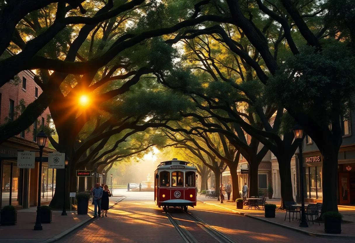 Live oak–lined street in downtown Aiken with a vintage trolley, brick storefronts, and warm golden-hour light