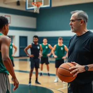 Volunteer coach guiding student-athletes in basketball practice