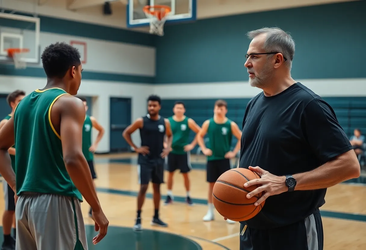 Volunteer coach guiding student-athletes in basketball practice
