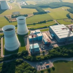 Aerial view of V.C. Summer nuclear power plant with cooling towers.